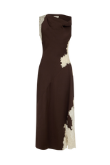 Asymmetrical Twist Dress in Crepe Backed Satin with Lace Insets