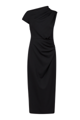 Off Shoulder Draped Midi Dress in Wool Twill