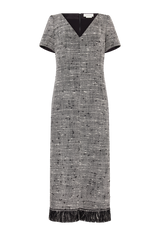 Short Sleeve Midi Dress with Fringe Hem in Boucle
