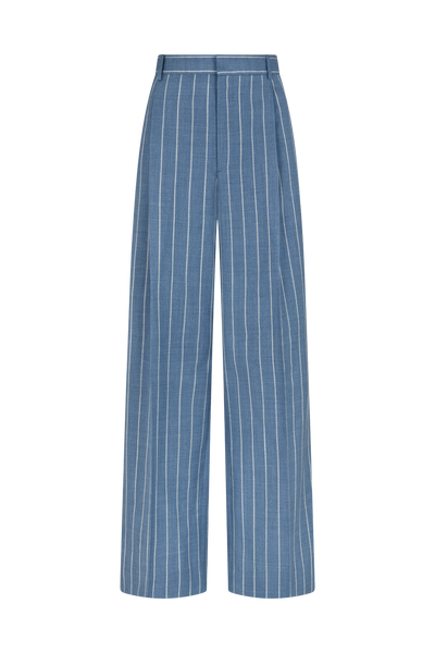 Wide Leg Trouser with Single Pleat in Wool Pinstripe