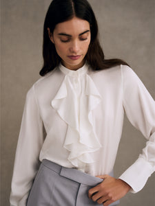 Cascade Ruffle Blouse in Sandwashed Silk Satin in Ivory – Knatchbull