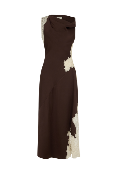 Asymmetrical Twist Dress in Crepe Backed Satin with Lace Insets