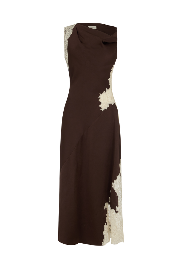 Asymmetrical Twist Dress in Crepe Backed Satin with Lace Insets
