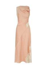 Asymmetrical Twist Dress in Crepe Backed Satin with Lace Insets
