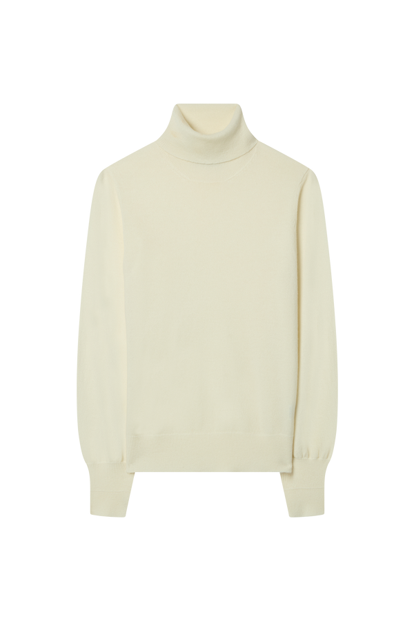 A beige balloon sleeve turtleneck sweater made of cashmere, displayed on a plain background.