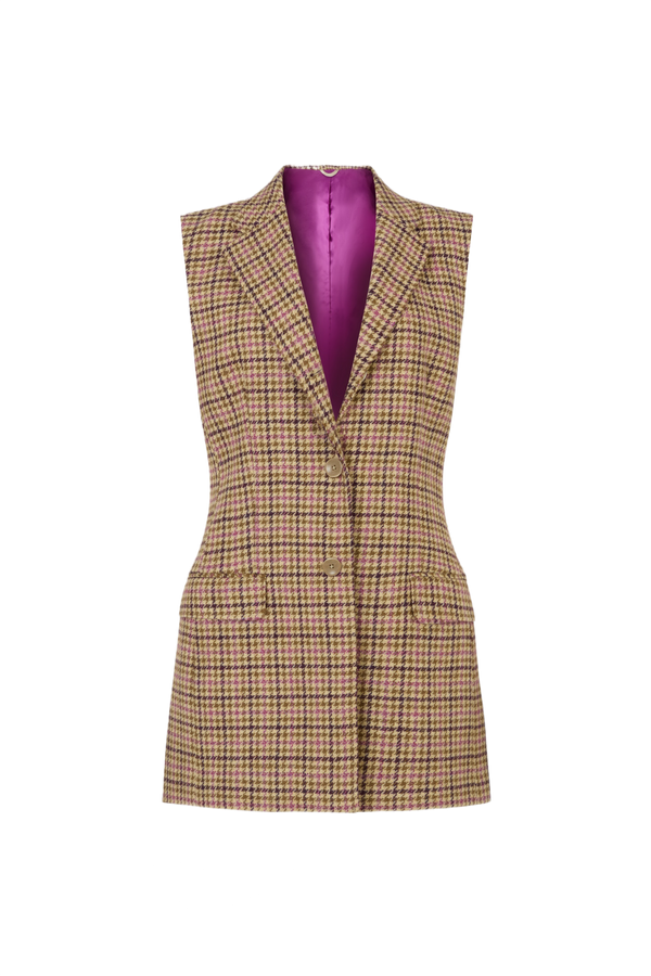 Longline Waistcoat in Pink & Brown Houndstooth
