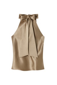 Sleeveless Top with Bow Halterneck in Silk Satin