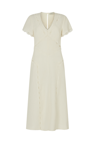 Flutter Sleeve Dress with Scallop Trim in Linen Blend