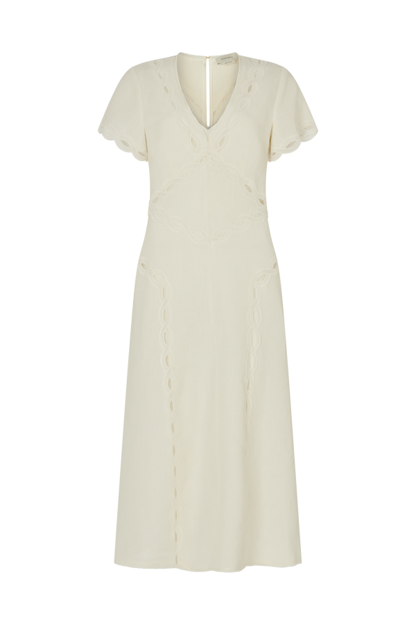 Flutter Sleeve Dress with Scallop Trim in Linen Blend