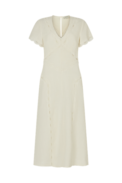 Flutter Sleeve Dress with Scallop Trim in Linen Blend