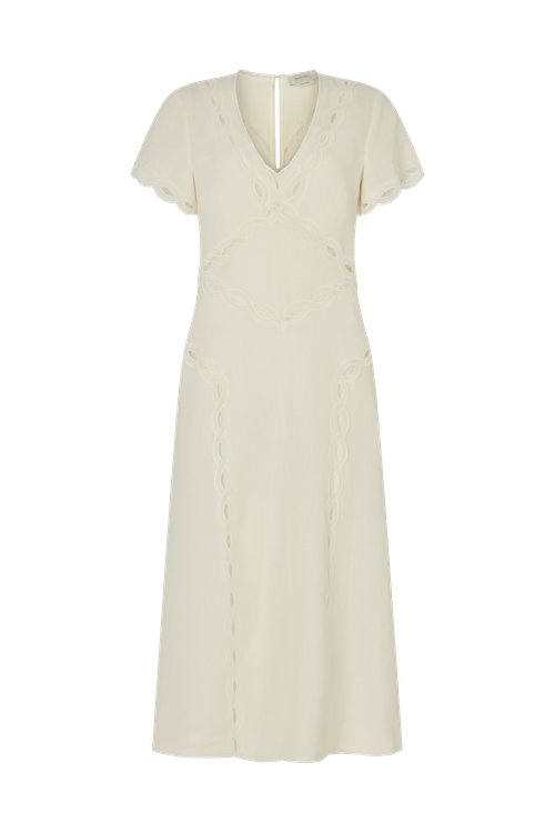 Flutter Sleeve Dress with Scallop Trim in Linen Blend