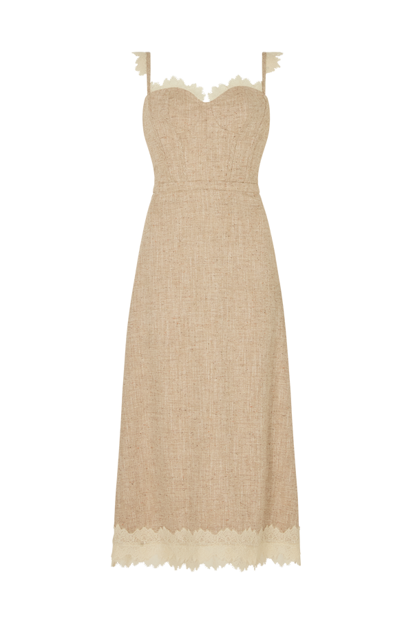 Bustier Midi Dress with Lace in Wool Silk