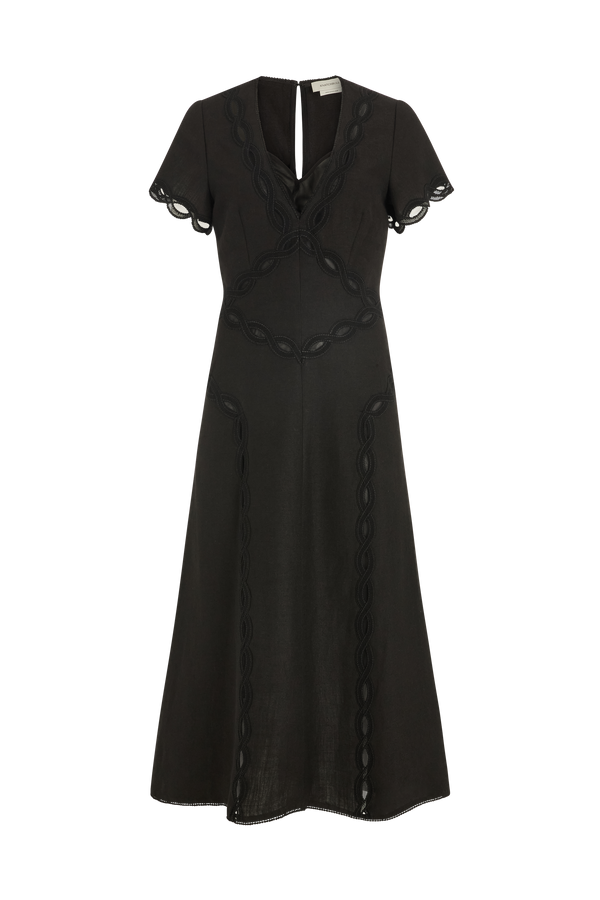 Flutter Sleeve Dress with Scallop Trim in Linen Blend