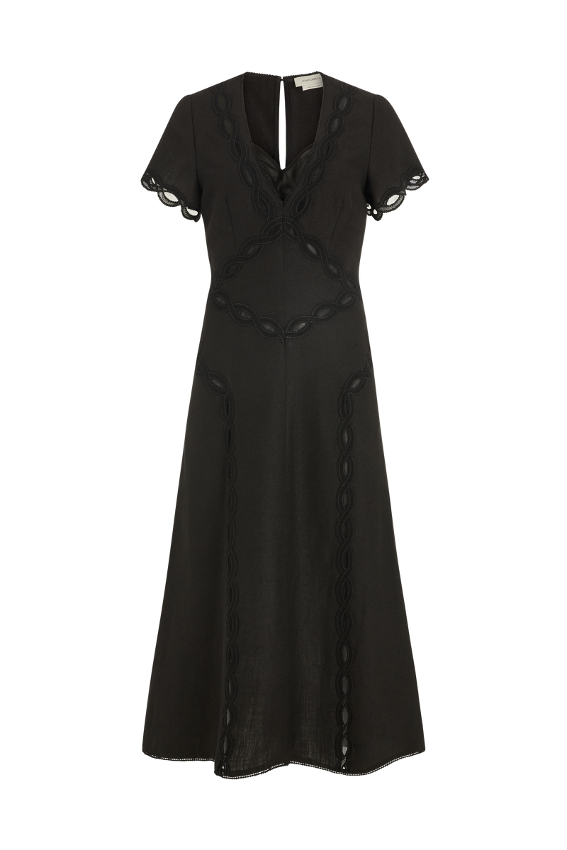 Flutter Sleeve Dress with Scallop Trim in Linen Blend