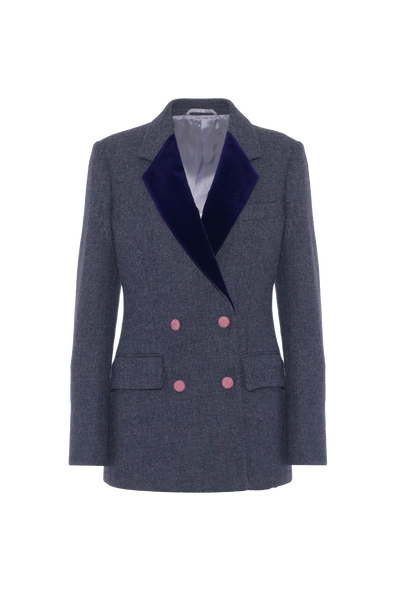 Double Breasted Jacket with Velvet Lapels and Pink Buttons