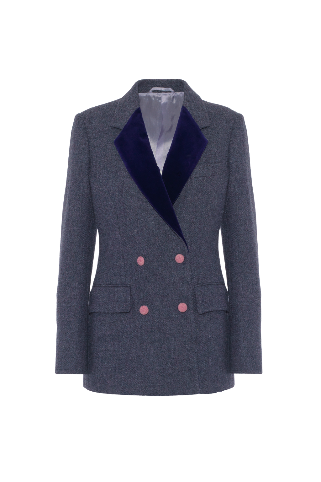 Double Breasted Jacket with Velvet Lapels and Pink Buttons