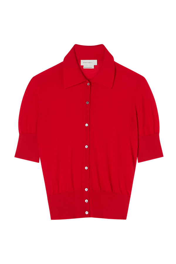 Short Sleeve Polo Cardigan in Fine Gauge Light Cashmere