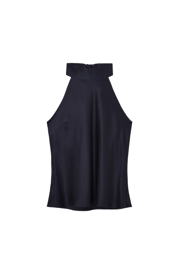 Sleeveless Top with Bow Halterneck in Silk Satin