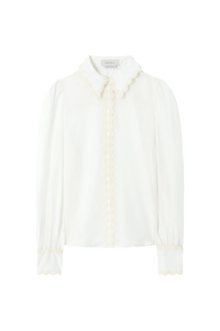 Puff Sleeve Blouse with Lace in Linen Taupe Stripe – Savile Row